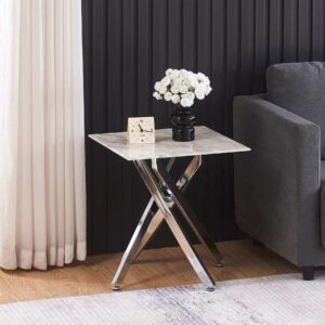 Scimitar Marble Effect Glass Lamp Table with Silver Legs