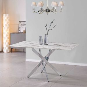 Scimitar Marble Effect Glass Dining Table with Silver Legs